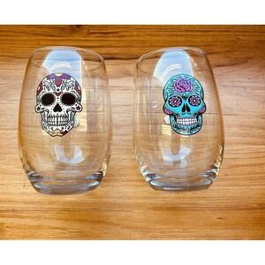 Stemless Wine Glass DAY OF THE DEAD Painted Scull 14 fl oz Set Of 2‎